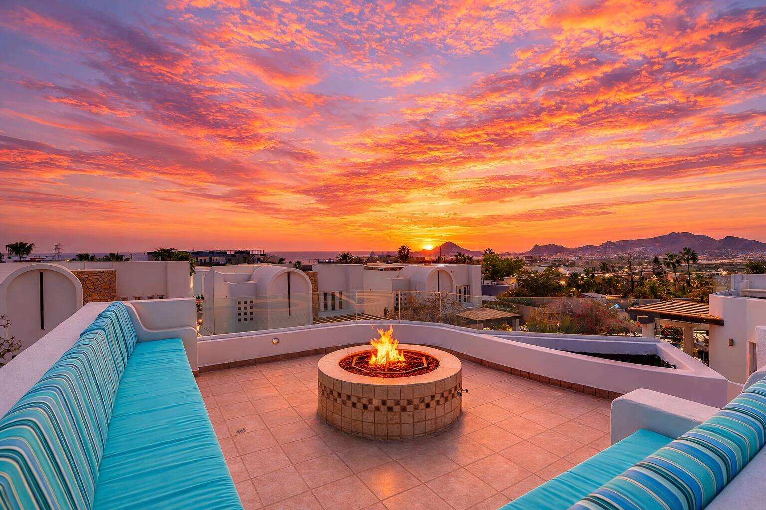 Los Cabos Toscana Residences Turnkey three-bedroom home in the well-kept, gated community of Toscana in El Tezal, minutes from downtown Cabo San Lucas and Medano Beach. Inspired by Mediterranean architecture and the Italian coast, Toscana features beautifully maintained desert landscaping with vibrant bougainvillea and colorful common areas. This fully furnished residence offers a main-floor primary suite, spacious guest bedrooms, and an open-concept kitchen with granite countertops and stainless appliances that flows to a private terrace. The rooftop showcases ocean and Arch – Toscana Casa 14 - Casa Palma, Cabo Corridor, Cabo Corridor, BS